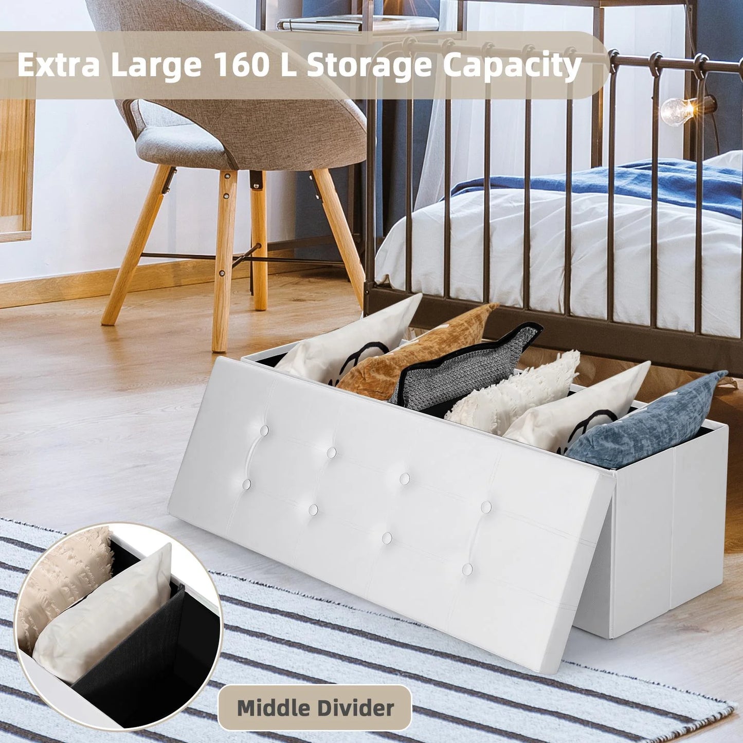 Ottoman Storage Bench 45'' Faux Leather, 165L Oversized Storage Folding Chest Footrest Padded Seat for Bedroom