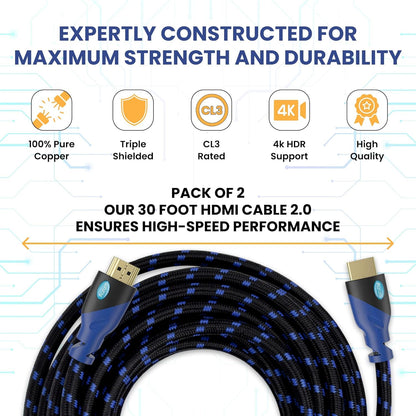30Ft HDMI Cable 4K@60Hz Ultra HD, High Speed with Ethernet 2 Pack HDMI Cable Braided Nylon & Gold Connectors, ARC, CL3 Rated - Compatible with TV, PC, Monitor, Laptops, PS3, PS5, PS4