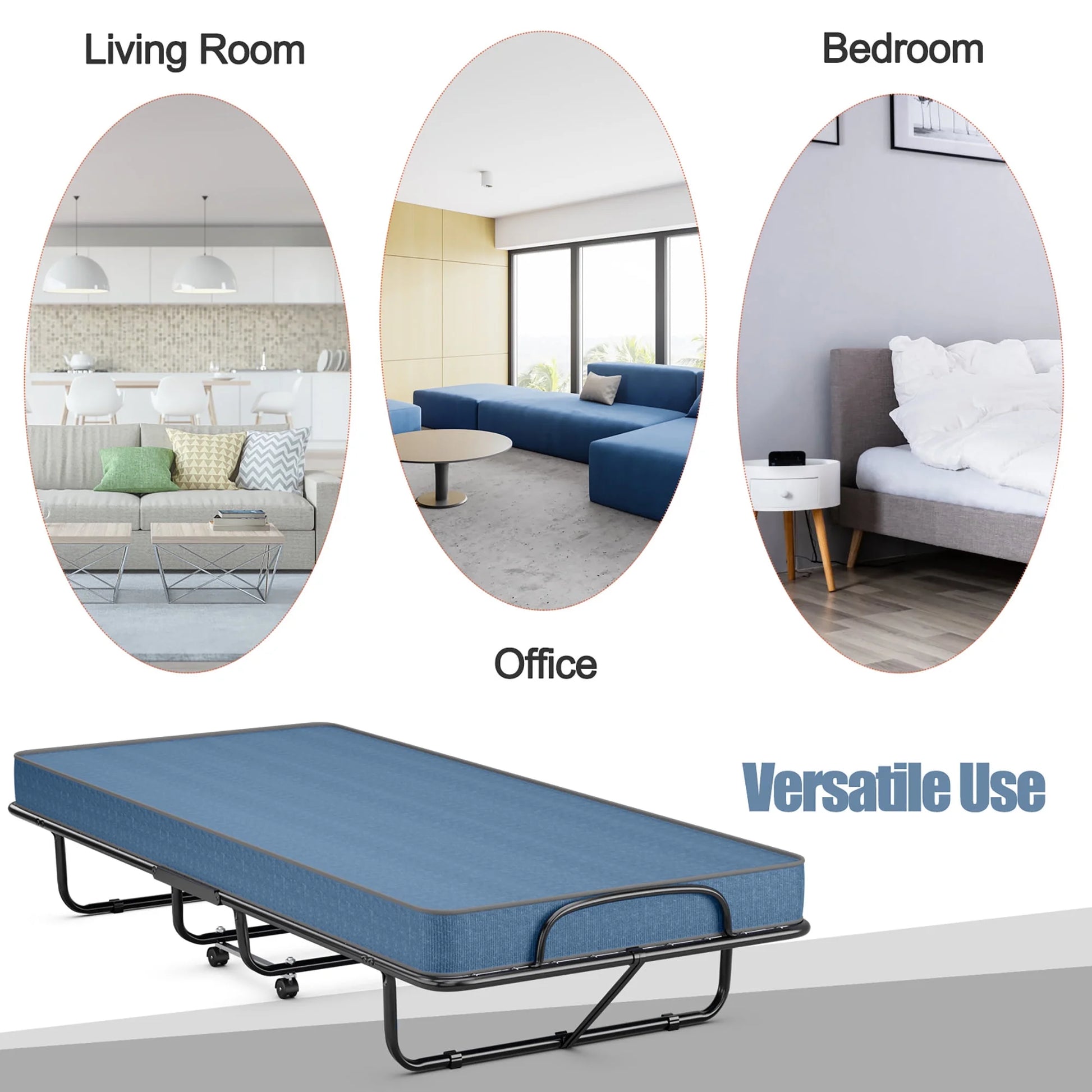 Folding Bed with Mattress Portable Rollaway Guest Cot Memory Foam Made in Italy Navy