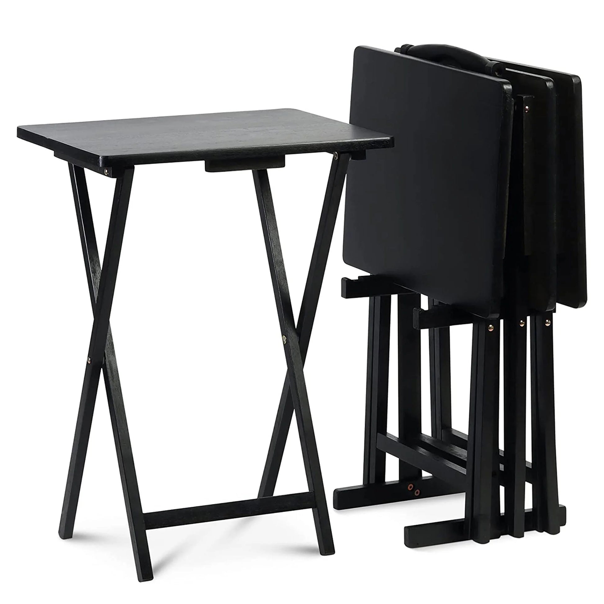 Folding TV Tray Tables with Storage Rack, Black, 5 Piece Set