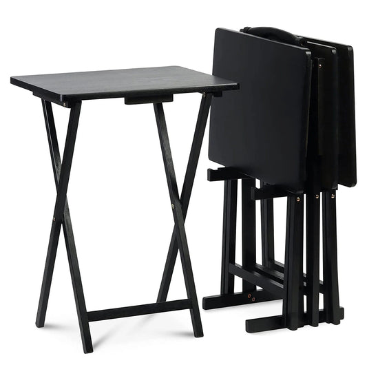 Folding TV Tray Tables with Storage Rack, Black, 5 Piece Set