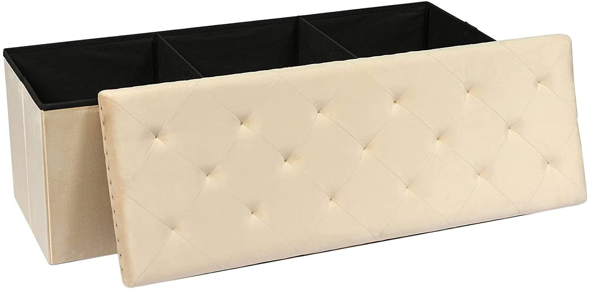 43.3" Beige Velvet Ottoman Storage, Extra Large End of Bed Storage Box with Lids, Footstool Folding Ottoman Bench Window Seat with Rivet