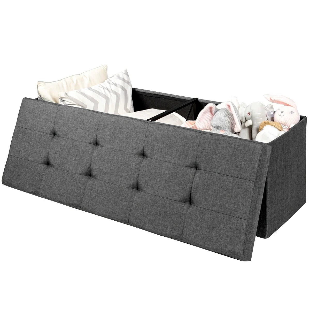 Dark Grey Storage Ottoman Fabric Folding Storage Chest with Divider Bed End Bench