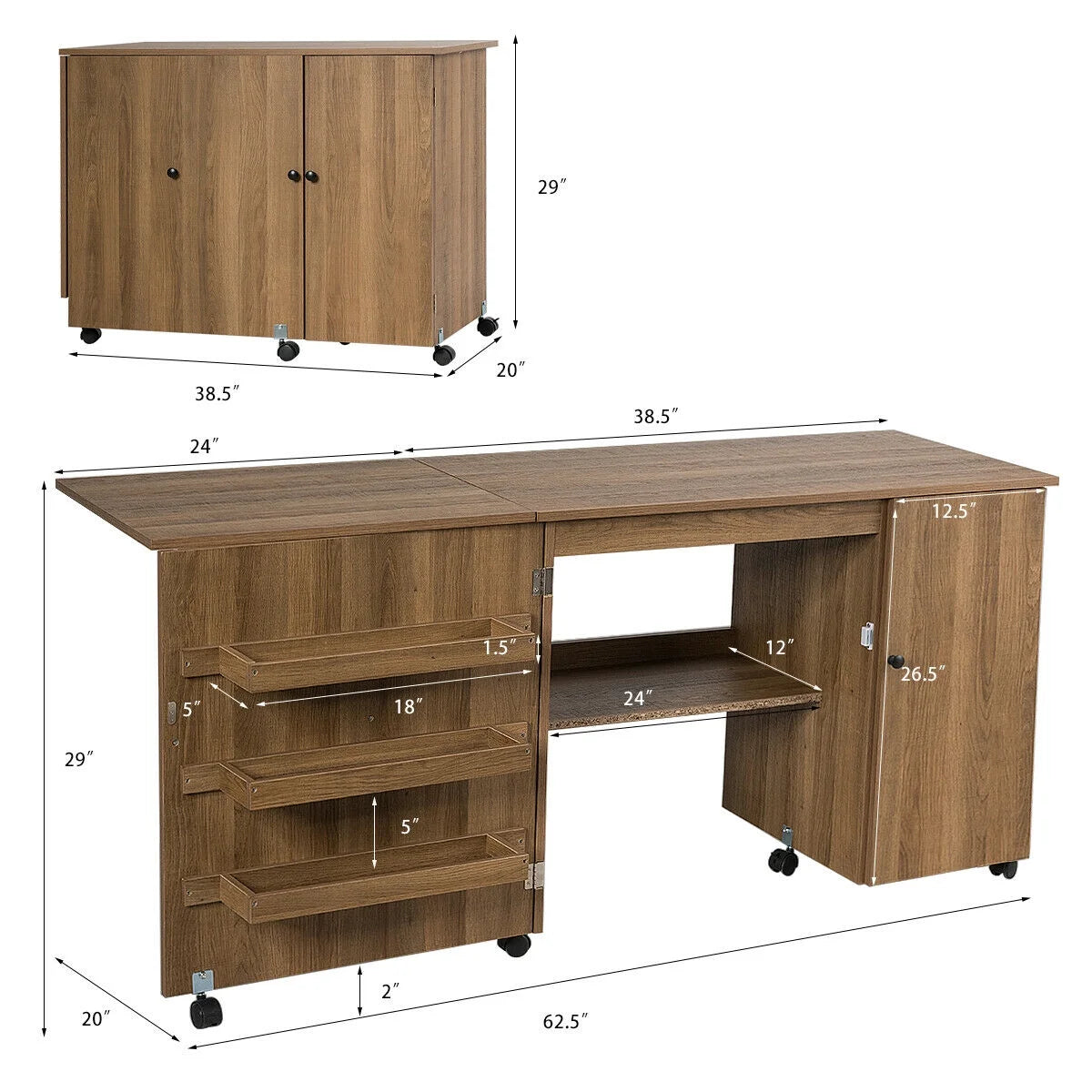 Folding Sewing Table Shelves Storage Cabinet Craft Cart W/Wheels Large Natural