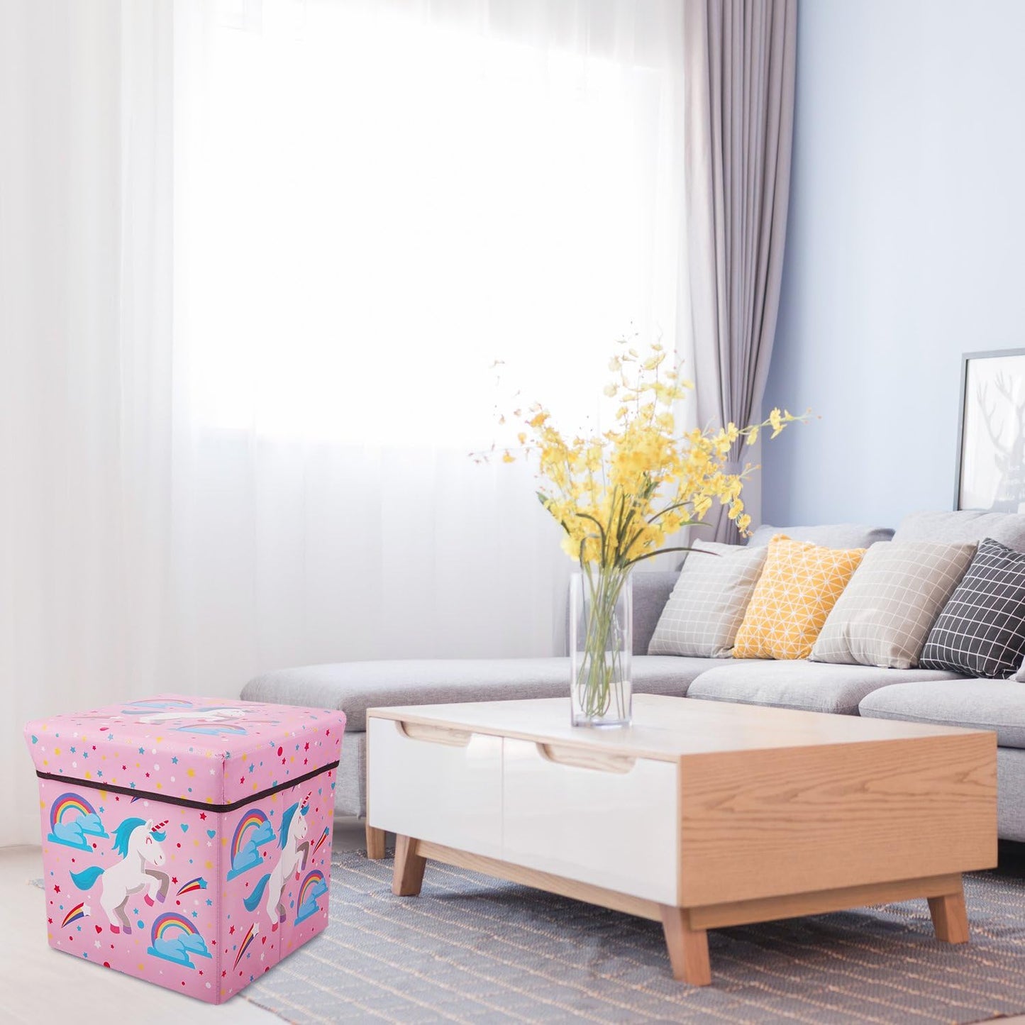 Foldable Cube Storage Toy Box - Folding Storage Ottoman Bedroom Stool Seat Children for Kids & Toddlers (Pink)
