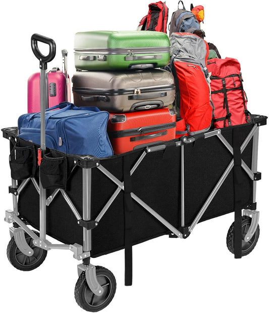 Folding Wagon Cart Heavy Duty Collapsible Utility Wagon Outdoor Camping Garden Cart with Universal Wheels for Camping, Sports, Shopping (Black)