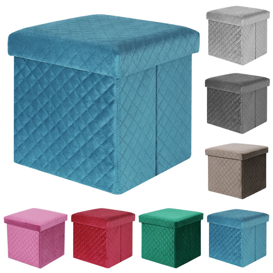 Folding Storage Ottoman Cube Velvet Tufted Space-Saving Toy Box Foot Rest Stool Seat for Home Bedroom, 11.8"