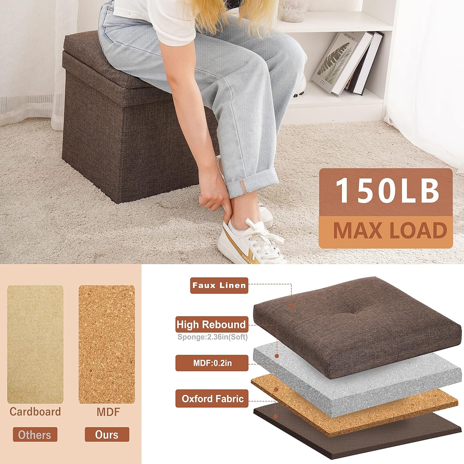 Storage Ottoman with Tray, Square Folding Ottoman Coffee Table, Portable Footrest Stool, Brown