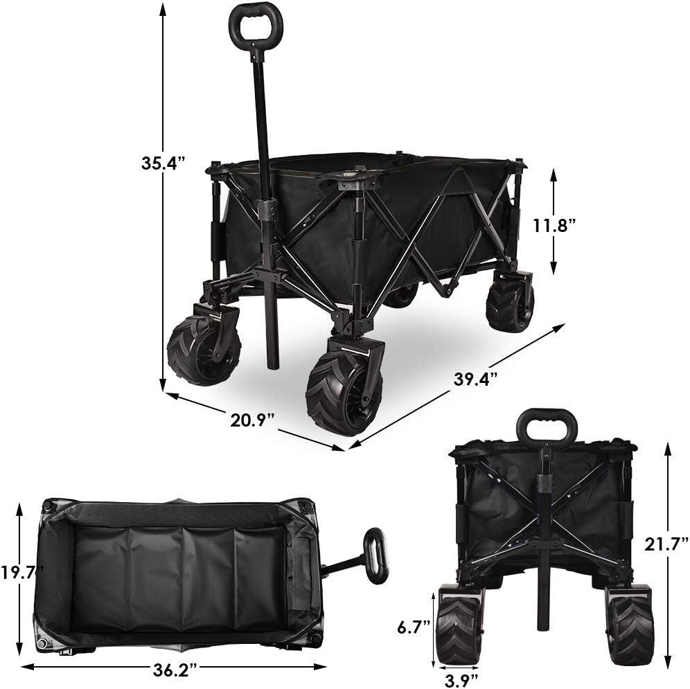 Folding Wagon Collapsible Utility Big Wheels Shopping Cart for Beach Outdoor Camping Garden Canvas Fabric All Terrain Heavy Duty Portable Grocery Cart Buggies Adjustable Handle (Black)