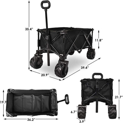 Folding Wagon Collapsible Utility Big Wheels Shopping Cart for Beach Outdoor Camping Garden Canvas Fabric All Terrain Heavy Duty Portable Grocery Cart Buggies Adjustable Handle (Black)