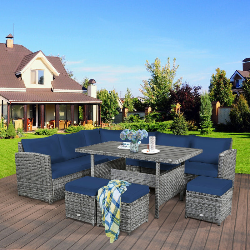 7 Pieces Outdoor Wicker Sectional Sofa Set with Dining Table