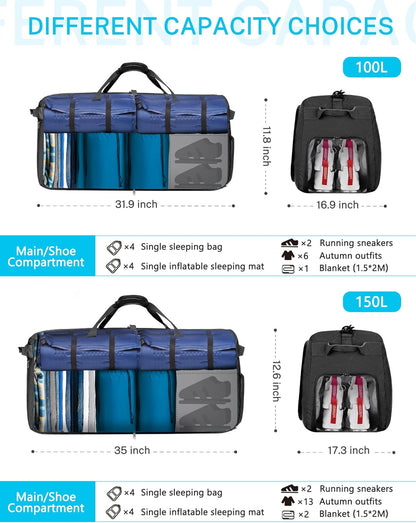 40L 60L 80L 100L 150L Large Foldable Travel Duffle Bag with Shoes Compartment, Packable Lightweight Water Repellent Duffel Bag for Camping Gym Weekender Bag