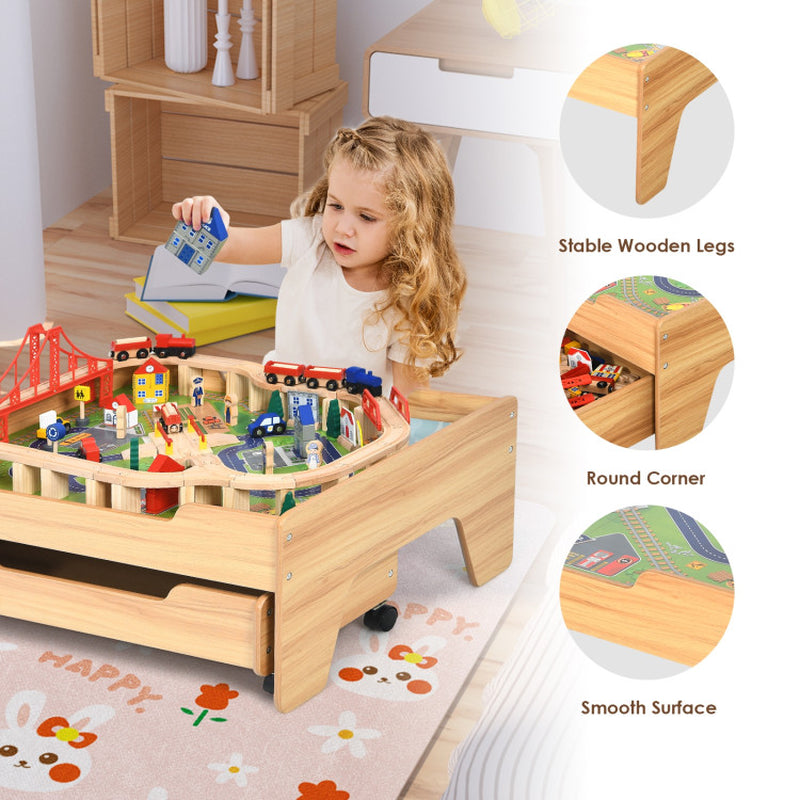 Children'S Wooden Railway Set Table with 100 Pieces Storage Drawers