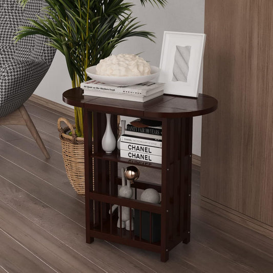 Folding Side End Table – 3-Tier Adjustable Magazine Rack Table - Multifunction Nightstand with Storage Shelves - Small Coffee Snack End Table with Rotating Tabletop for Living Room (Coffee)