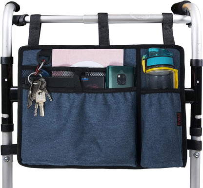 Walker Bag Pouch Basket with Cup Holder Armrest Attachments Hand Free Storage Bags Waterproof for Folding Rollator Accessories Suit for Elderly Seniors Handicap Disabled (Blue)
