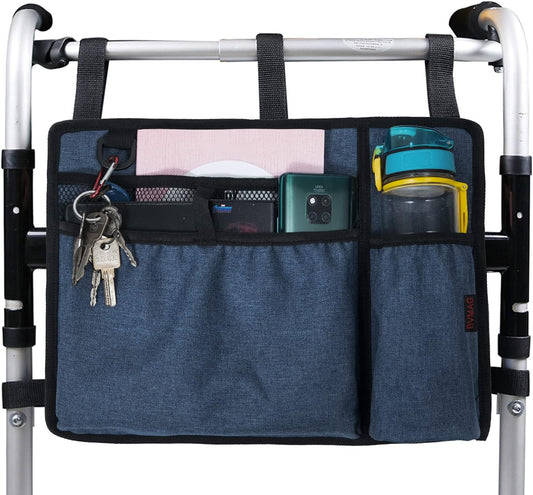 Walker Bag Pouch Basket with Cup Holder Armrest Attachments Hand Free Storage Bags Waterproof for Folding Rollator Accessories Suit for Elderly Seniors Handicap Disabled (Blue)