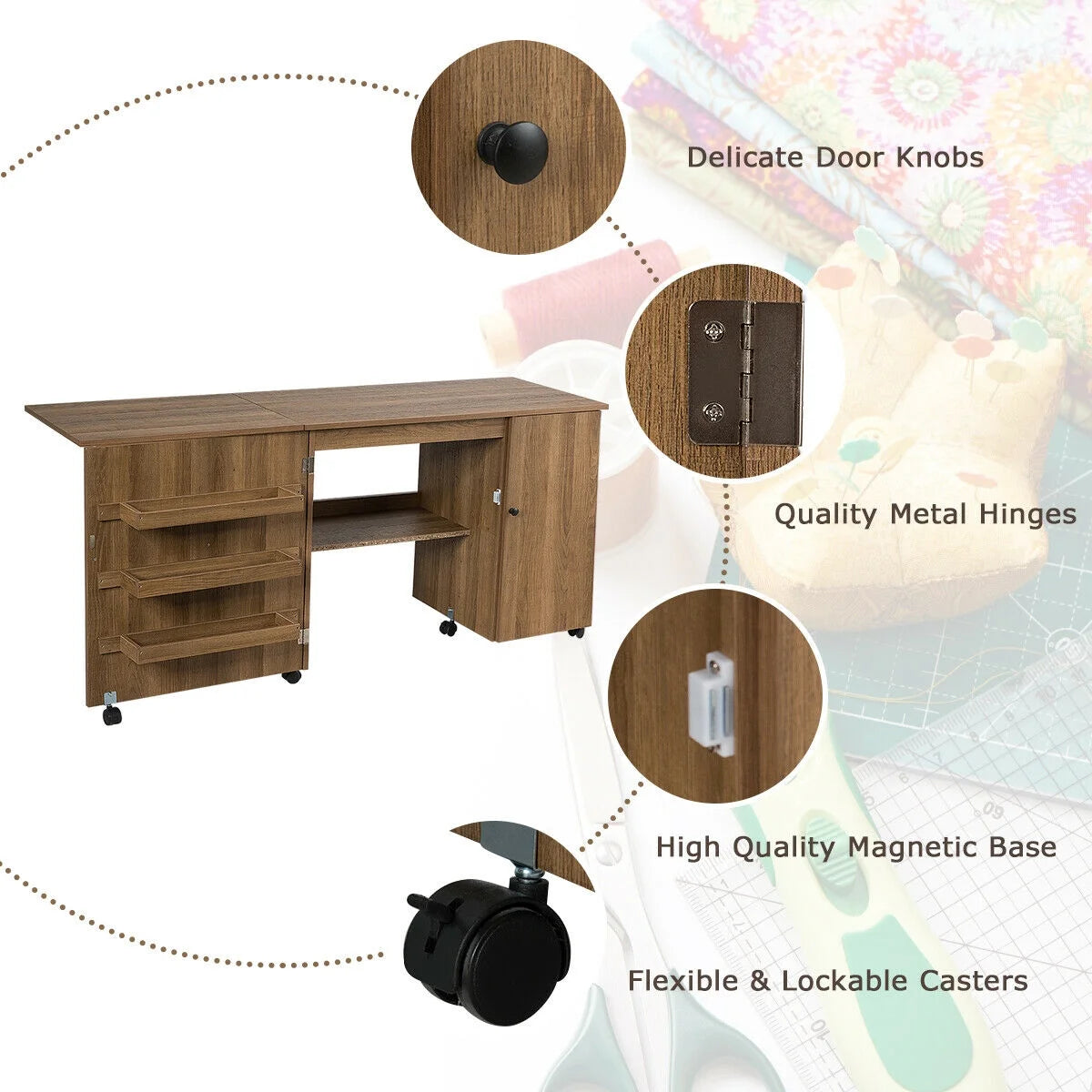 Folding Sewing Table Shelves Storage Cabinet Craft Cart W/Wheels Large Natural