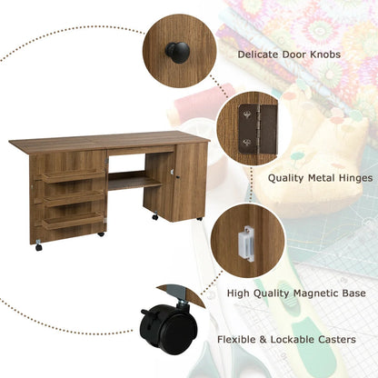 Folding Sewing Table Shelves Storage Cabinet Craft Cart W/Wheels Large Natural