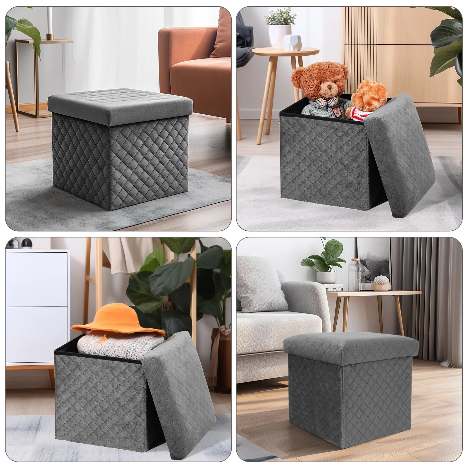 Folding Storage Ottoman Cube Velvet Tufted Space-Saving Toy Box Foot Rest Stool Seat for Home Bedroom, 11.8"
