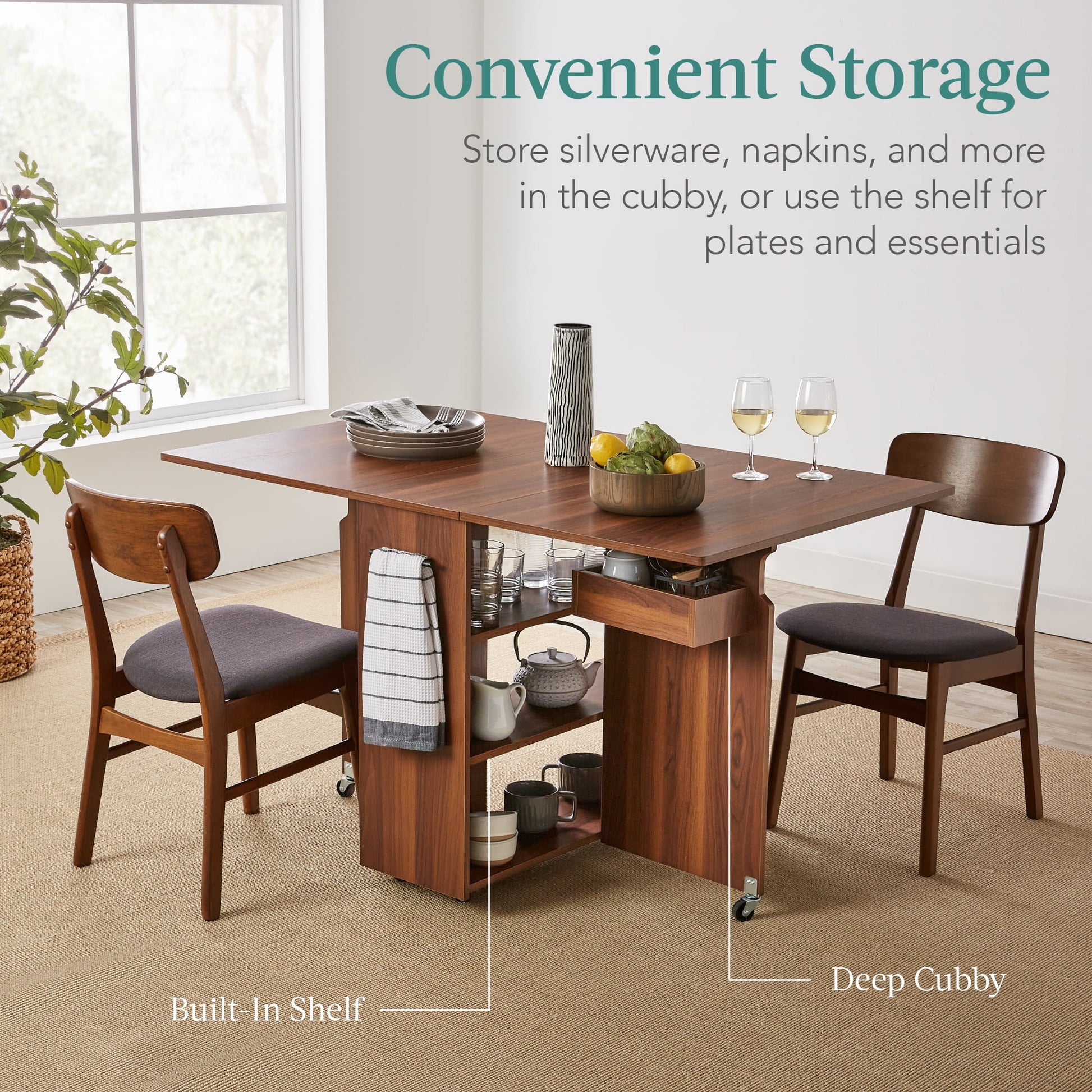 Multipurpose Folding Table W/ Wheels, 3 Storage Shelves, Cubby, Handle - Brown