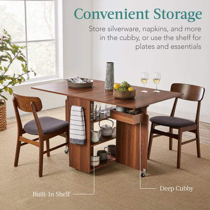 Multipurpose Folding Table W/ Wheels, 3 Storage Shelves, Cubby, Handle - Brown