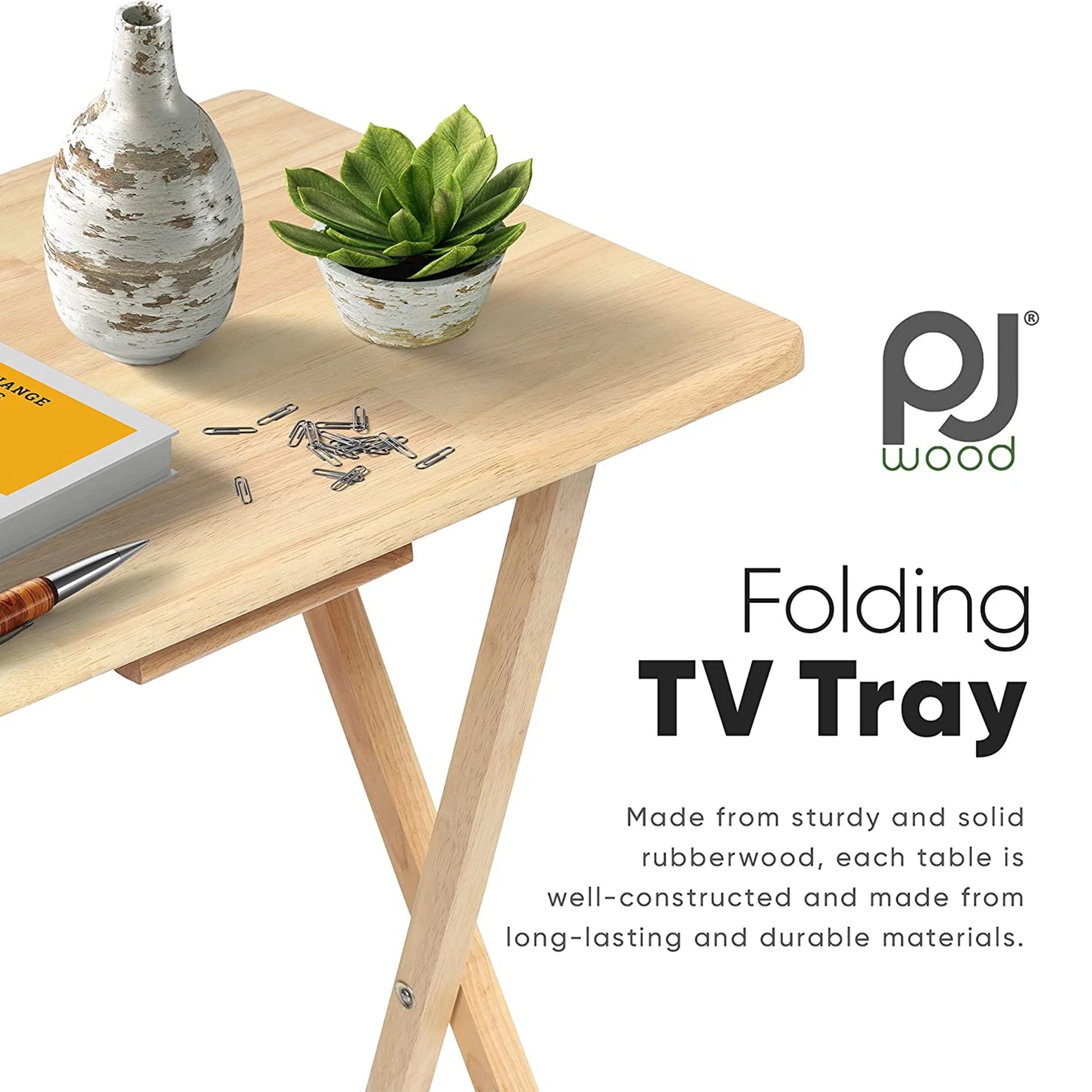 Folding TV Tray Tables with Storage Rack, Natural, 5 Piece Set