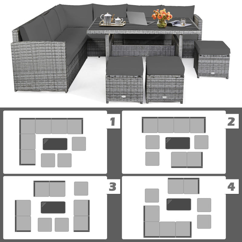 7 Pieces Outdoor Wicker Sectional Sofa Set with Dining Table