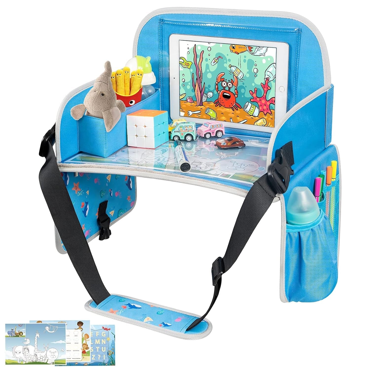Kids Travel Tray, Car Seat Tray for Kids Travel, Toddler Essentials Girls with Tablet Holder, Road Trip Essentials with Cooler Cup Holder, Dry Erase Board & Storage Pocket for Airplane, Blue