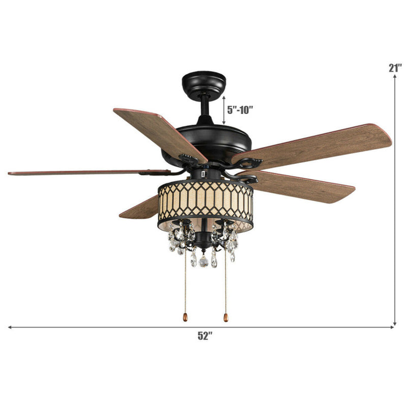 52 Inch Crystal Ceiling Fan Lamp with 5 Reversible Blades