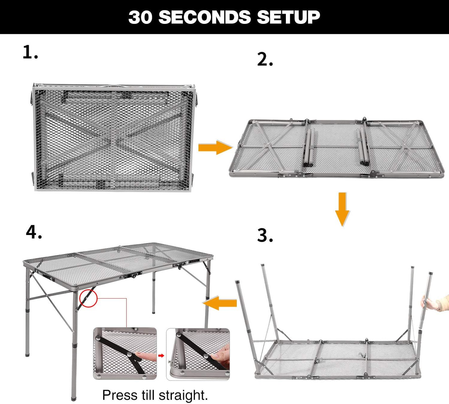 48X24 Long Folding Grill Table for Outside, Lightweight Portable Metal Aluminum Outdoor Grill Table with Adjustable Height Legs, Great for Camping Picnic Cooking BBQ, Silver 4Ft