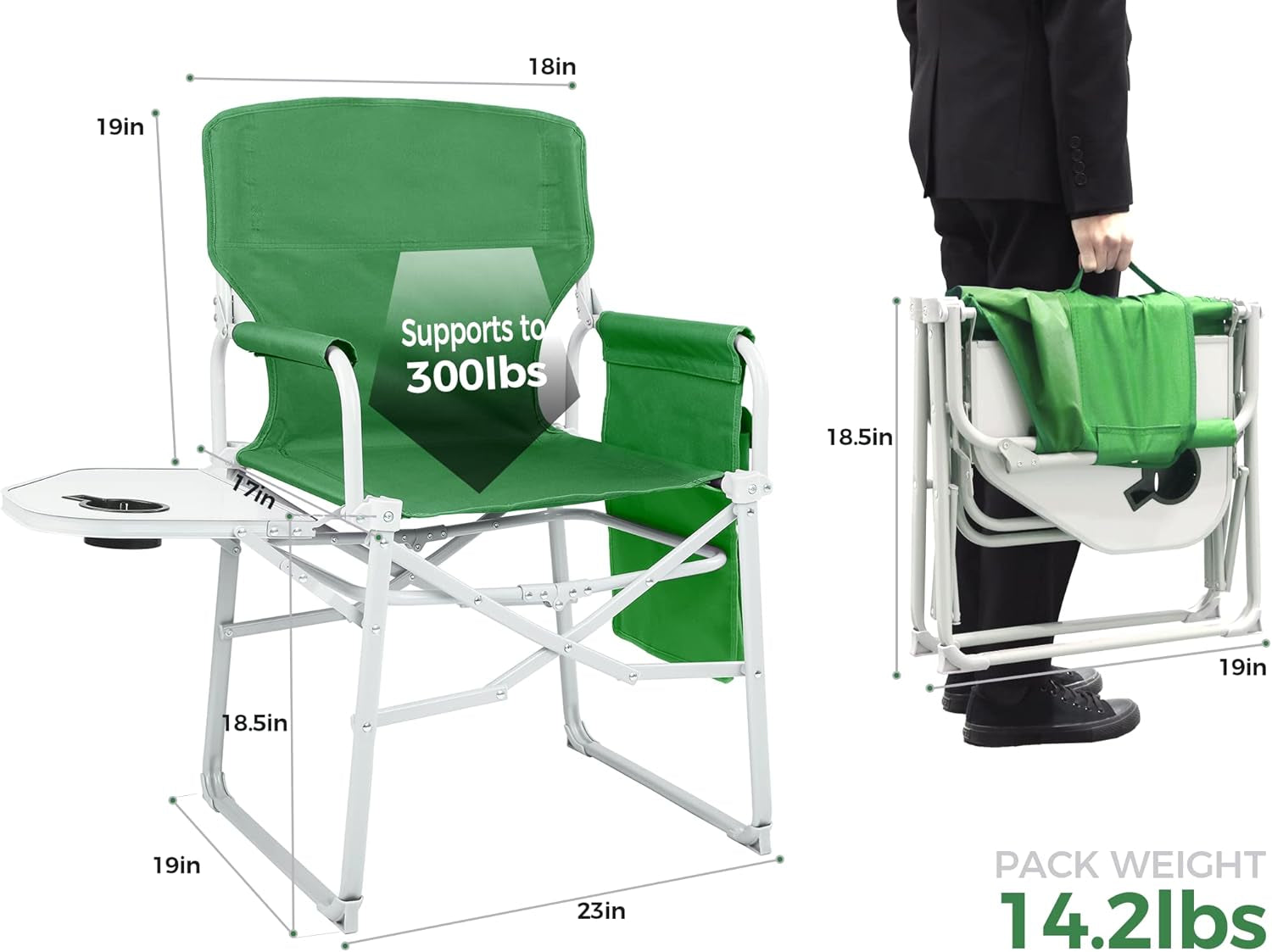 Heavy Duty Director'S Chair Portable Camping Chair with Side Table Green