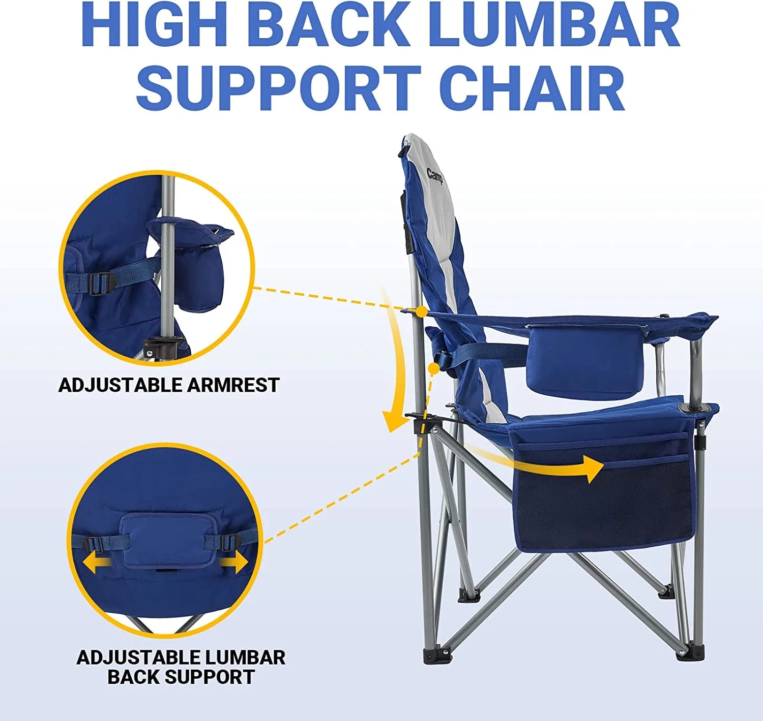 Oversized Camping Chairs Folding Heavy Duty Padded Lawn Chair with Lumbar Support for Adults Outdoors Fishing Picnic Travel Blue