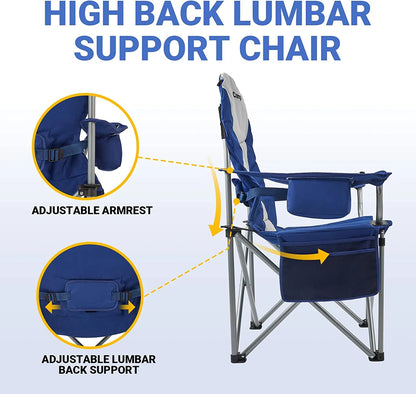 Oversized Camping Chairs Folding Heavy Duty Padded Lawn Chair with Lumbar Support for Adults Outdoors Fishing Picnic Travel Blue