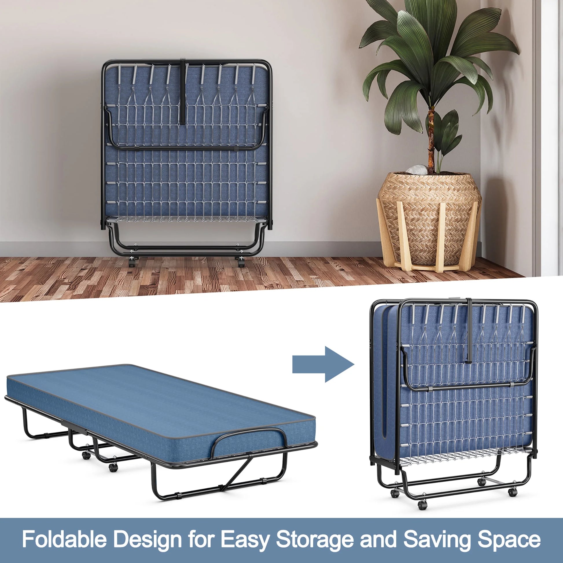 Folding Bed with Mattress Portable Rollaway Guest Cot Memory Foam Made in Italy Navy