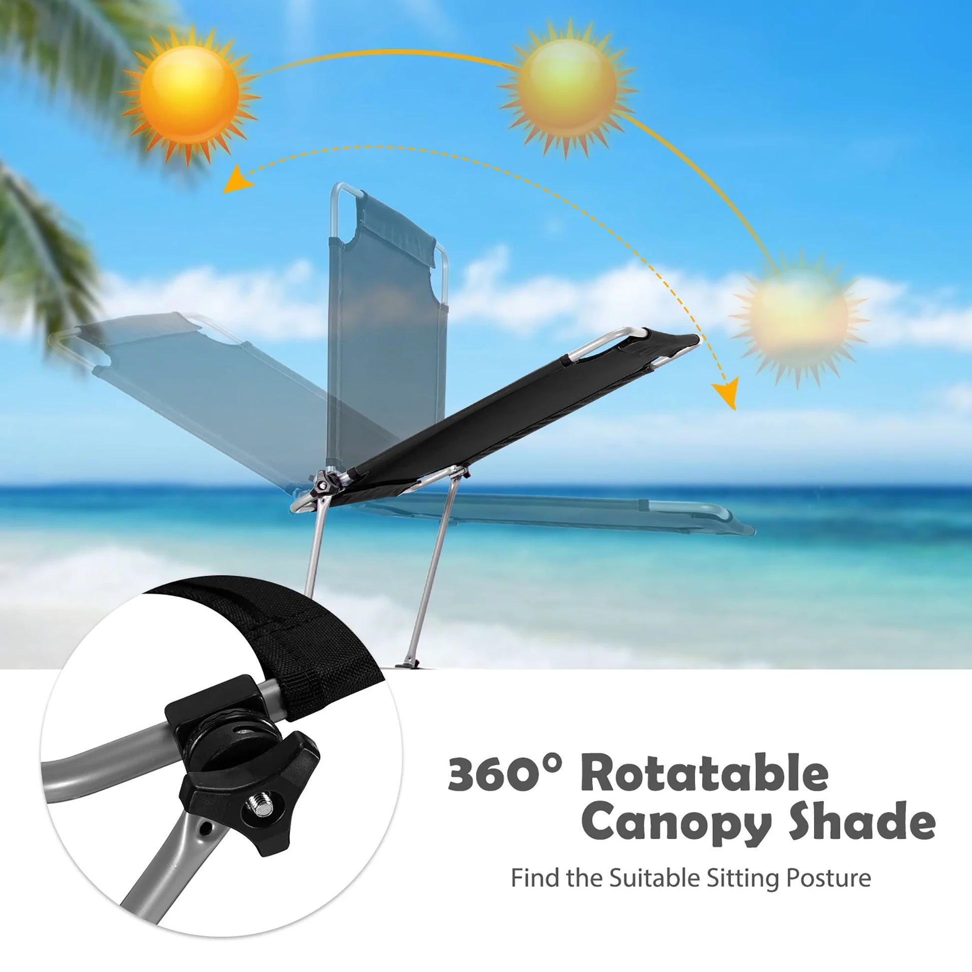 Foldable Sun Shading Lounge Chair Adjustable Beach Sunbathing Recliner W/Pocket
