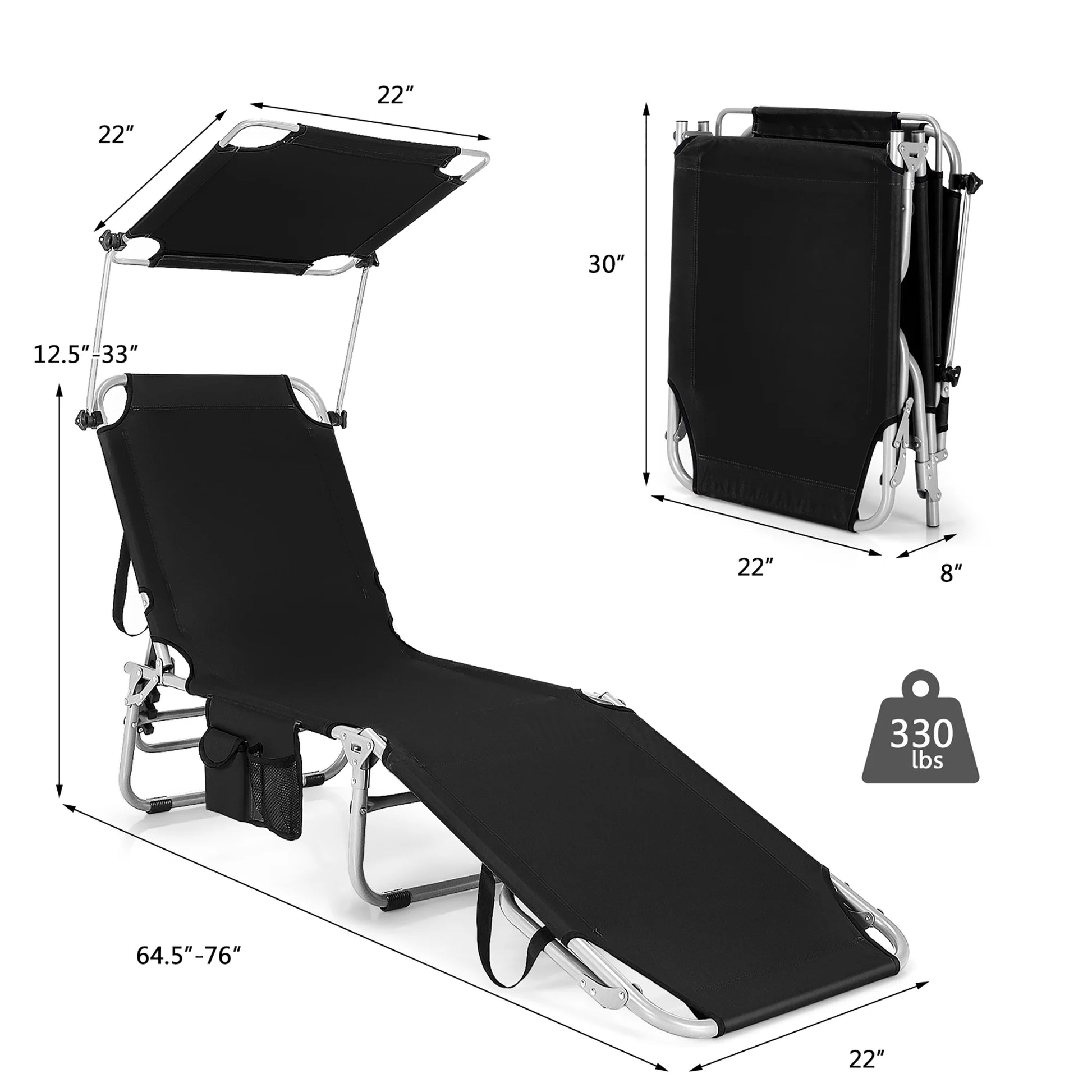 Foldable Sun Shading Lounge Chair Adjustable Beach Sunbathing Recliner W/Pocket