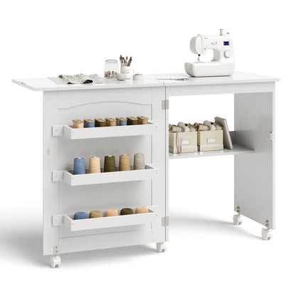 White Folding Sewing Craft Table with Storage Shelves Cabinet Lockable Wheels
