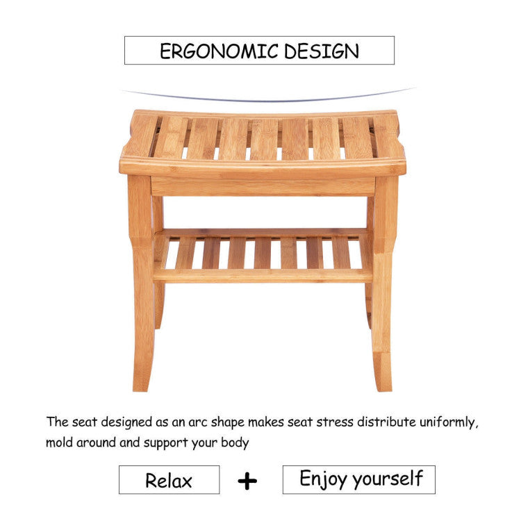 Bathroom Bamboo Shower Chair Bench with Storage Shelf